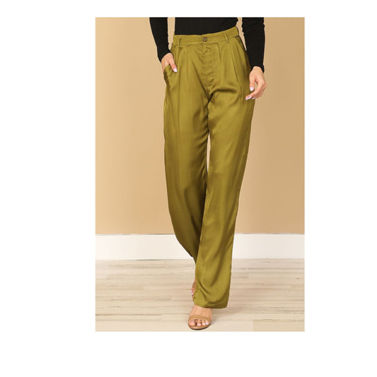 PLEATED POCKET DETAIL STRAIGHT SATIN PANTS