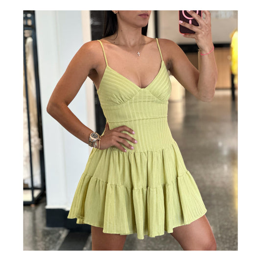 SJQ-NON STRETCH LINED FLOWY SKIRT DRESS (LIME)