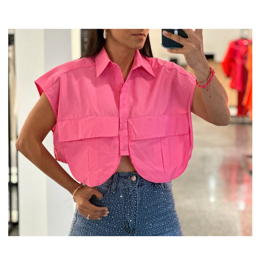 PINK CROP SOLID POCKET TOP