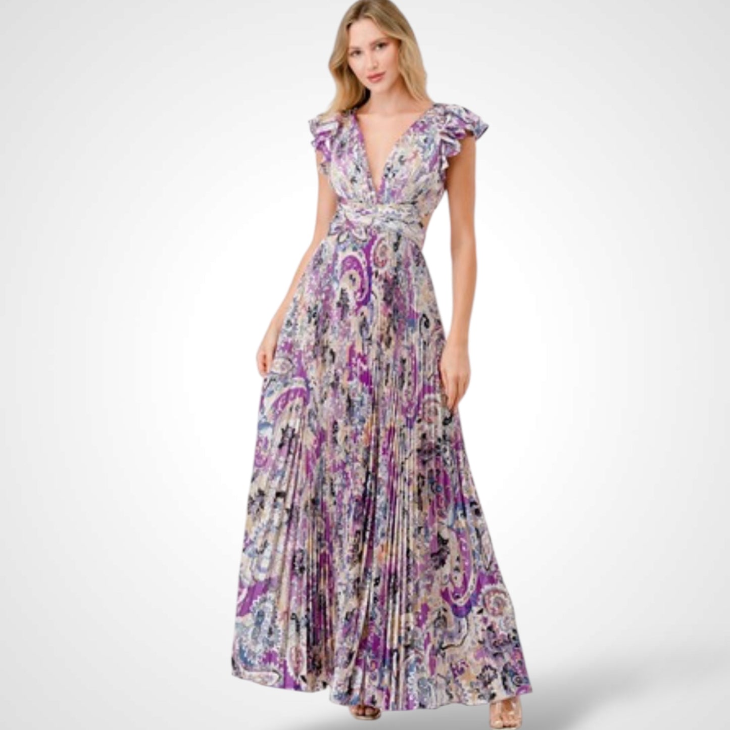 Paisley Print Satin Pleated Maxi Dress