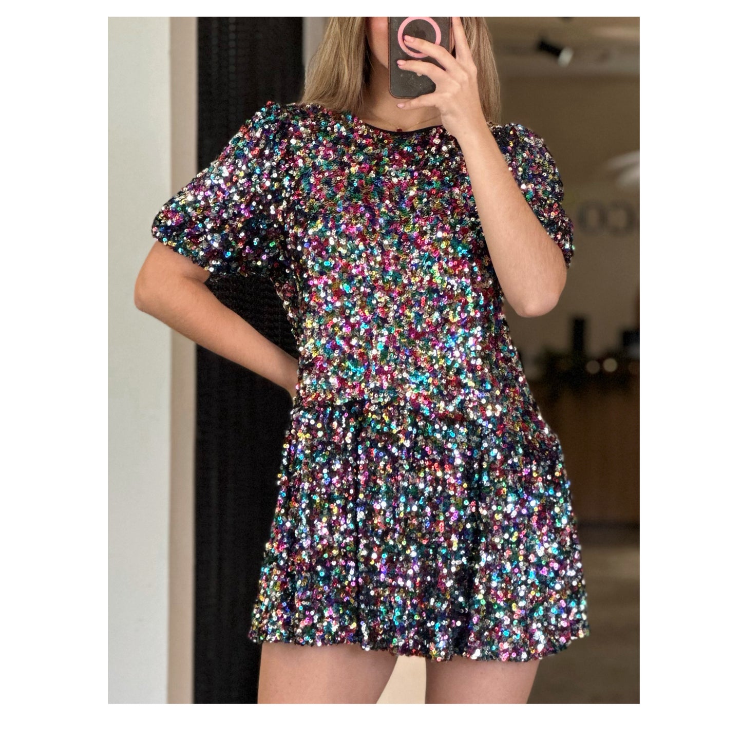 SHORT PUFF SLEEVE TIERED SEQUINS MINI DRESS