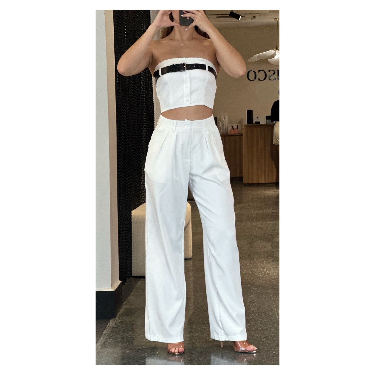 CASSIE BELTED CROP TUBE TOP & STRAIGHT PANTS SET