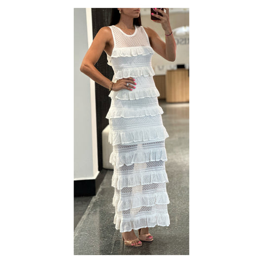 WOMEN'S SLEEVELESS TIERED RUFFLE MESH MAXI
DRESS