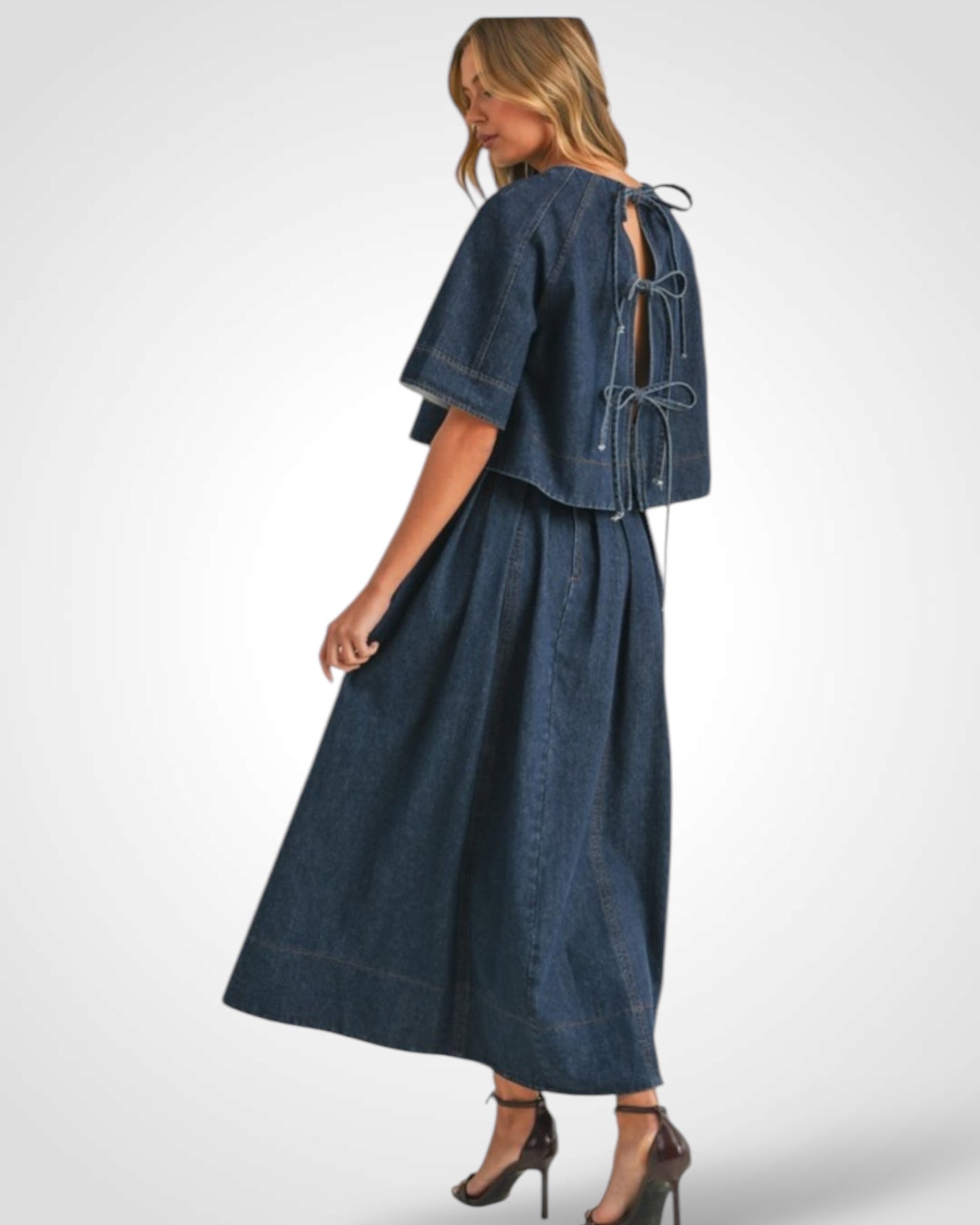 DENIM FLARED A-LINE MIDI SKIRT WITH SIDE POCKETS