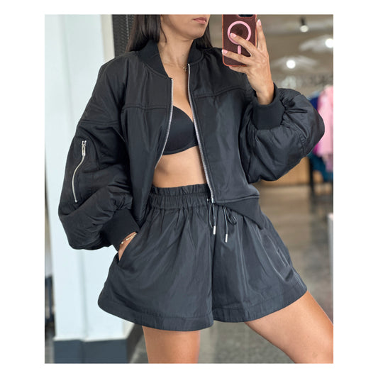 PUFF SLEEVE BOMBER JACKET AND SHORTS SET