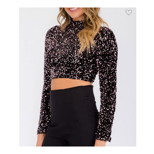 LONG SLEEVE MOCK NECK SEQUINS CROP TOP