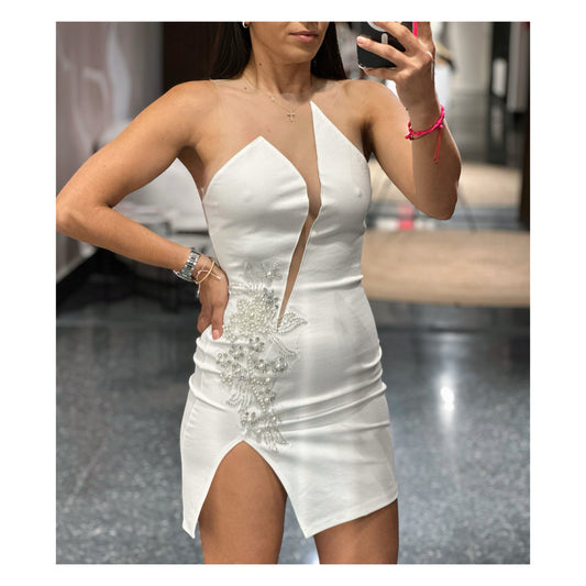 EMBELLISHED APPLIQUE BODYCON DRES