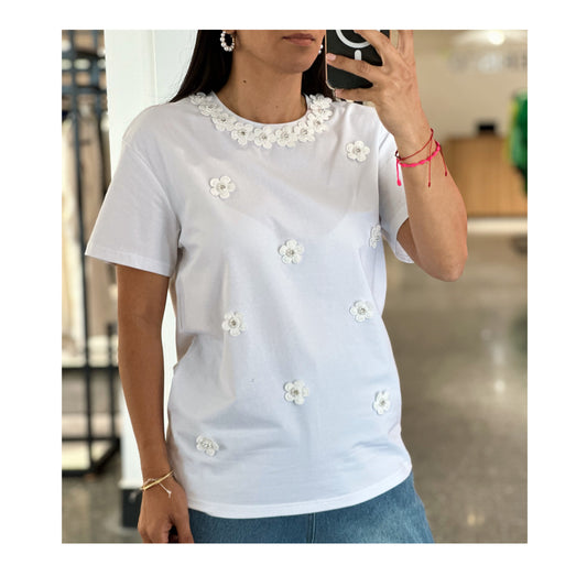 WHITE FLOWERS DETAILS SHIRT