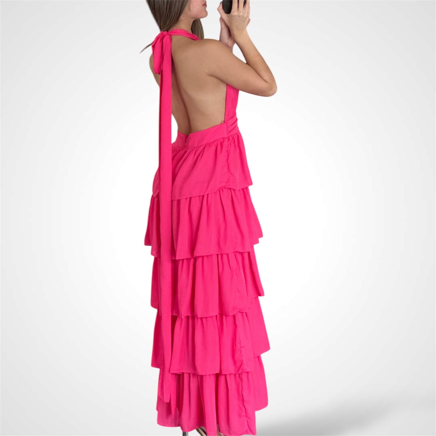 SLEEVELESS V-NECK OPEN BACK RUFFLE TIERED DRESS