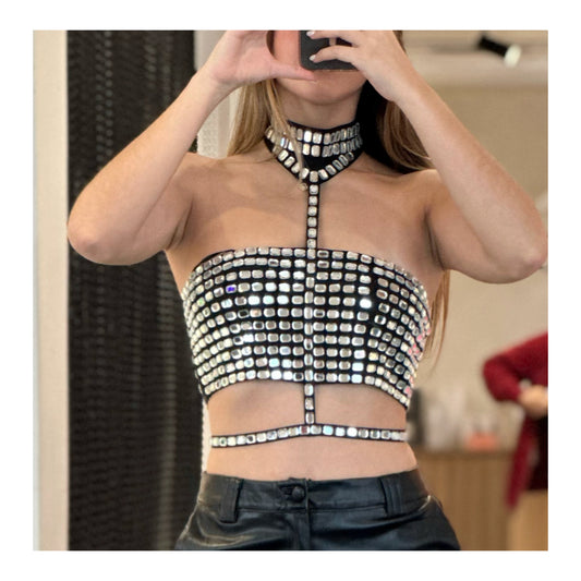 SPARKING RHINESTONE HALTER NECK CROP TOP