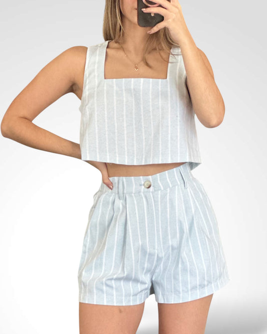 SKY STRIPED SLEEVELESS CROP TOP AND SHORTS SET