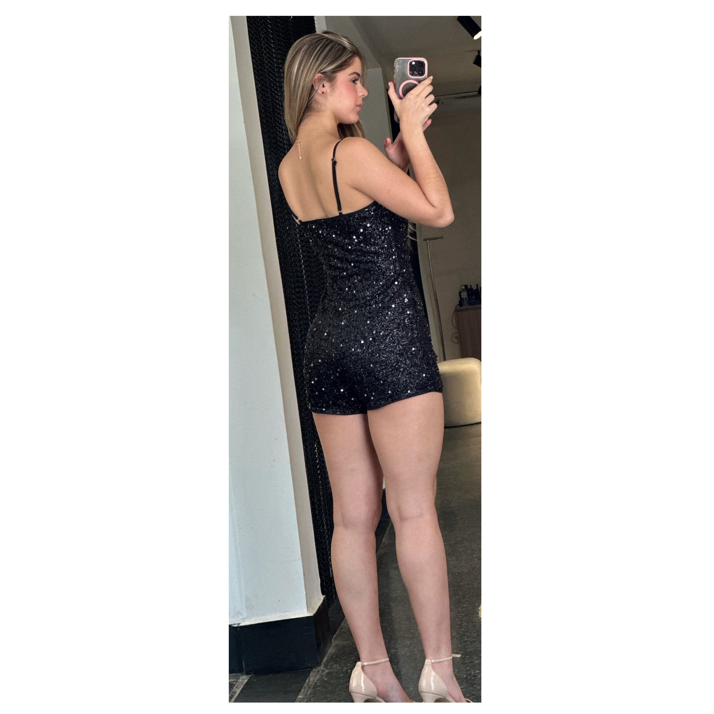 SPAGHETTI STRAP STRAIGHT NECKLINE SEQUIN ROMPER