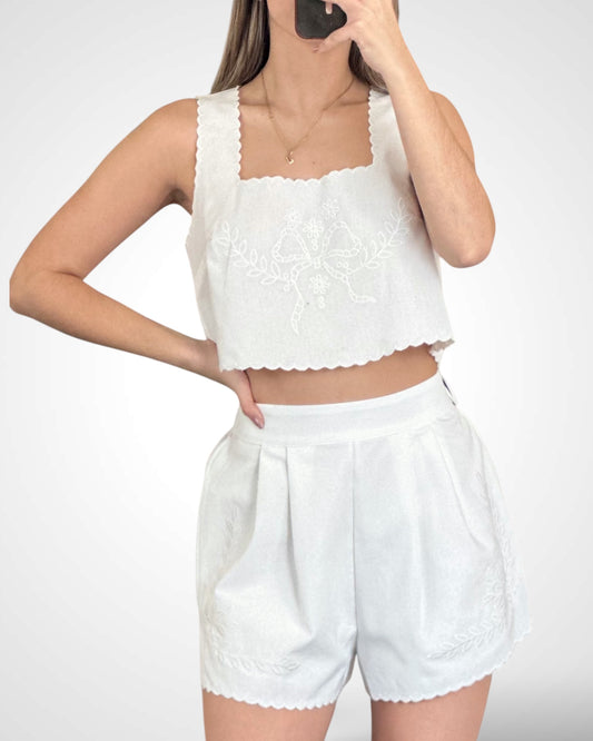 EMBROIDERED CROP TOP AND SHORTS SET