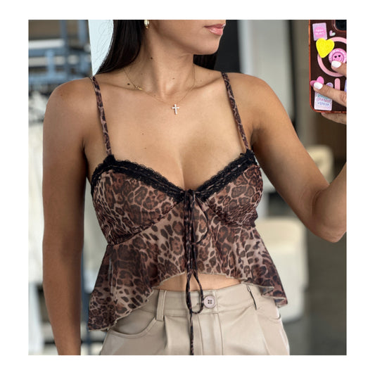 LACE TRIMMED MESH TOP