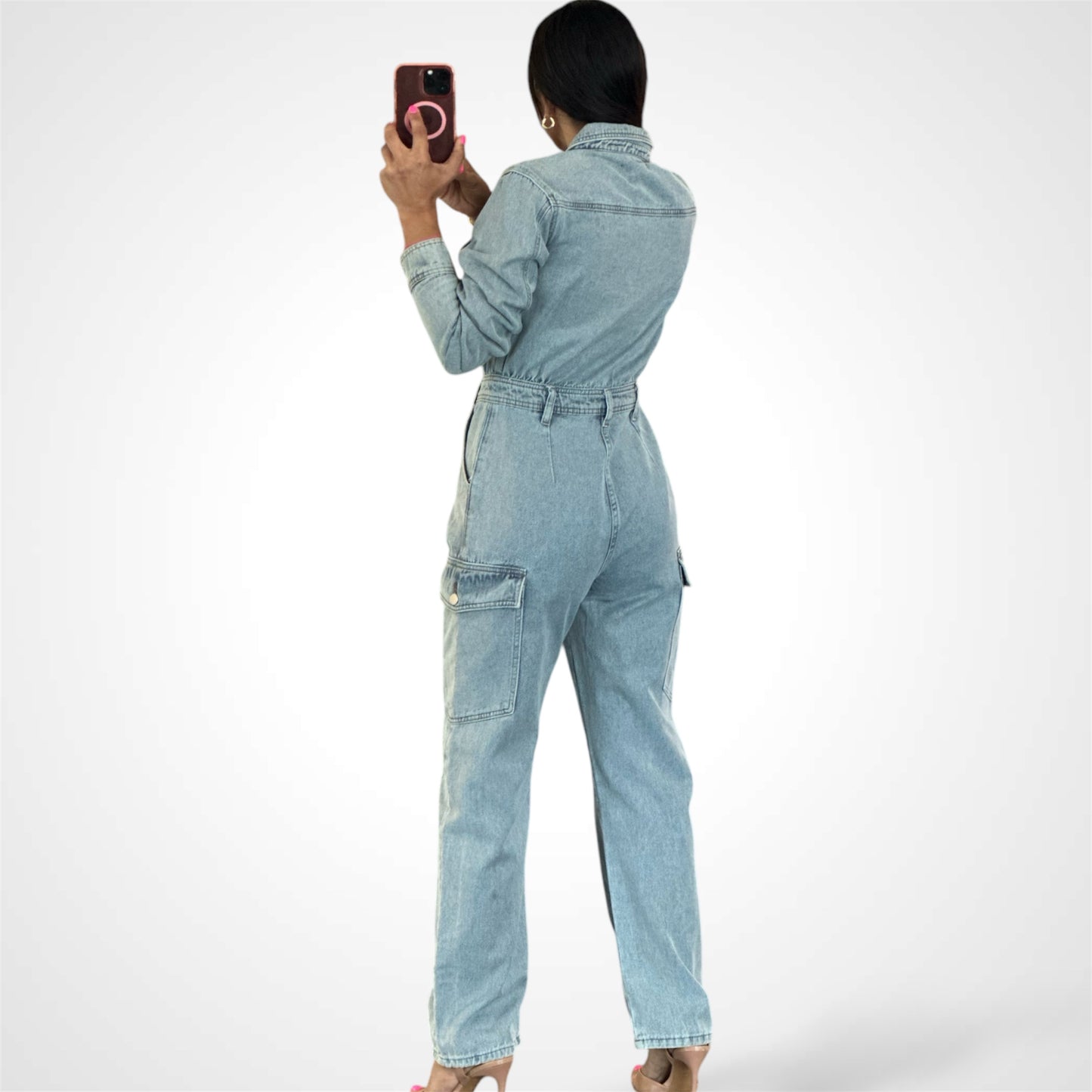 LONG SLEEVE BUTTON UP DENIM JUMPSUIT