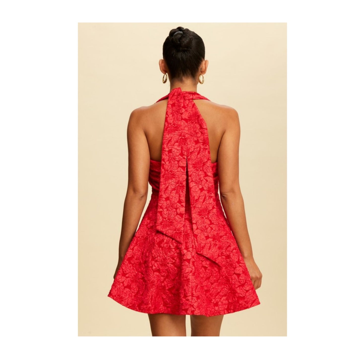 RED TEXTURED JACQUARD HALTER TIE DRESS