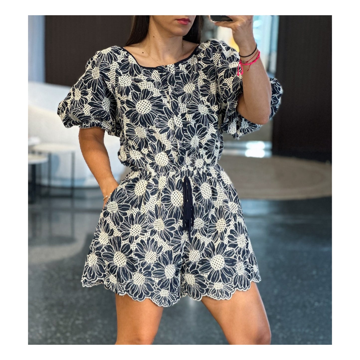 SJ - NAVY EMBROIDERED PUFF SLEEVE ROMPER