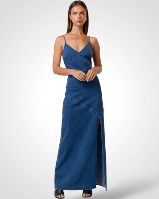 SJQ-STRETCH DENIM HIGH SLIT MAXI DRESS