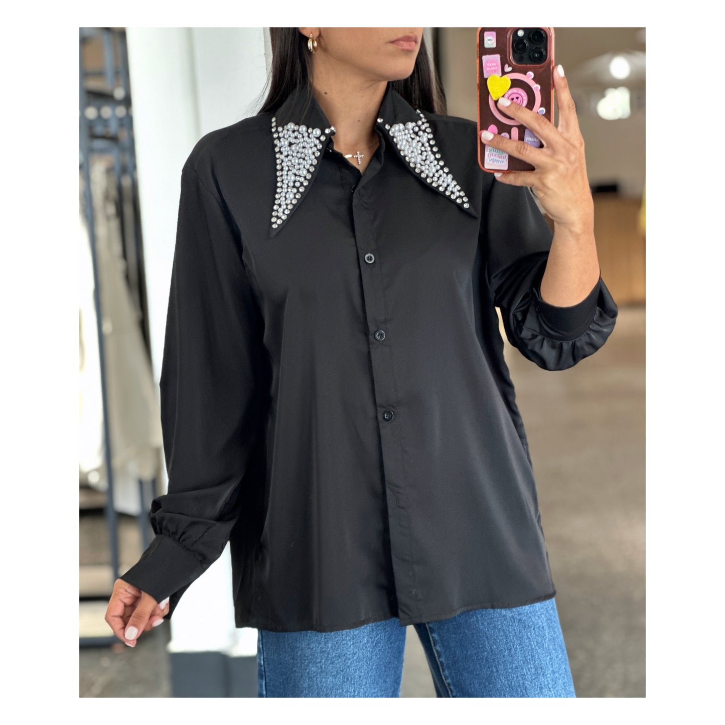 SJQ- RHINESTONES AND PEARL DETAIL LONG SLEEVE BLOUSE