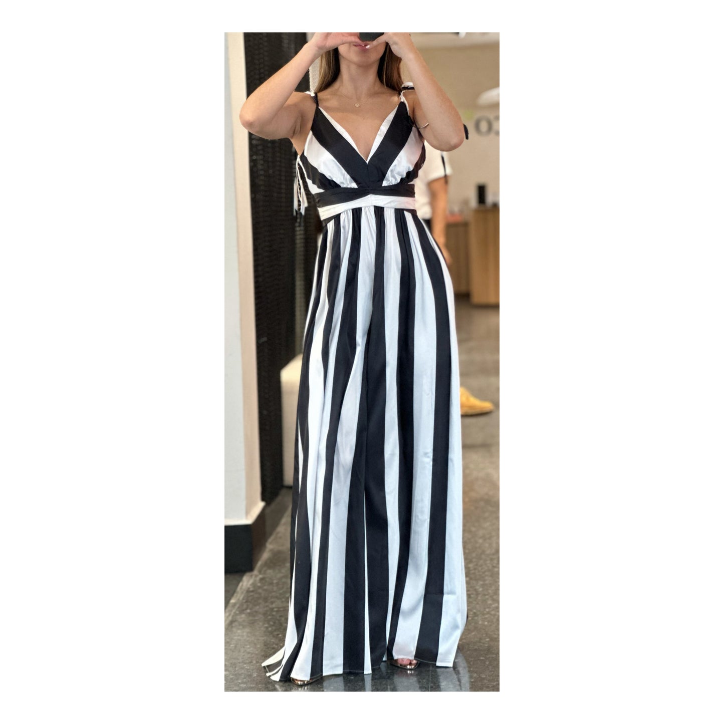 SATIN WIDE EVEN STRIPE WIDE LEG JUMPSUIT