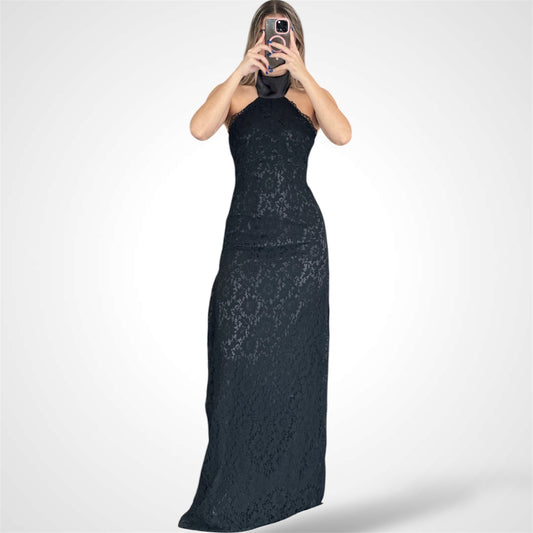 BLACK FLORAL LACE HALTER TIE MAXI DRESS