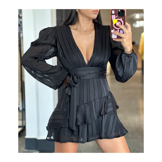 V NECK PLEATED LONG SLEEVE ROMPER