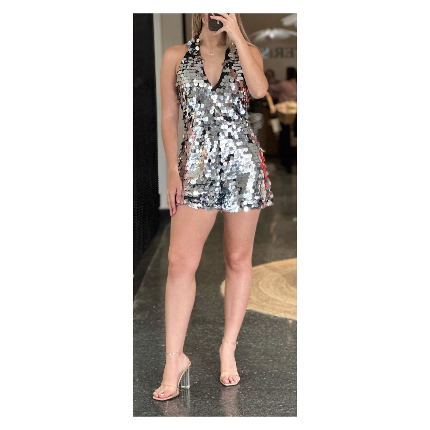 HALTER NECK OPEN BACK V-NECK SEQUINS ROMPER