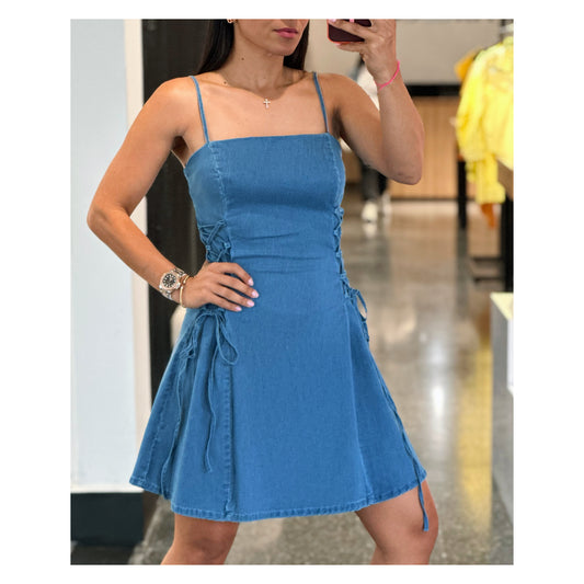 DENIM SIDE LACE UP MINI DRESS