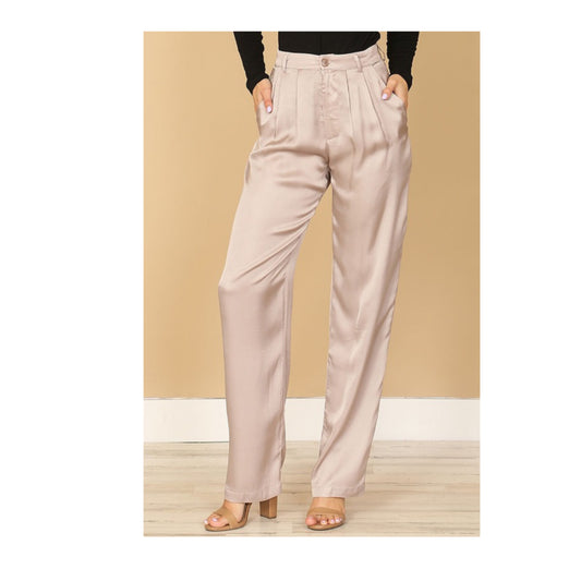 PLEATED POCKET DETAIL STRAIGHT SATIN PANTS