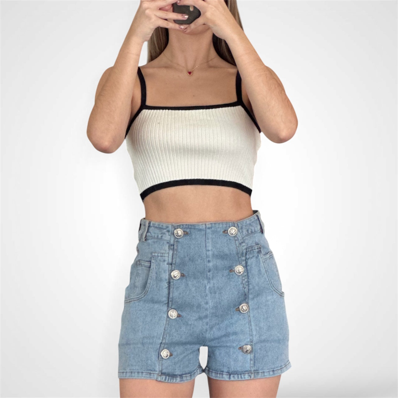 DOUBLE BREASTED BUTTON DETAIL DENIM SHORTS