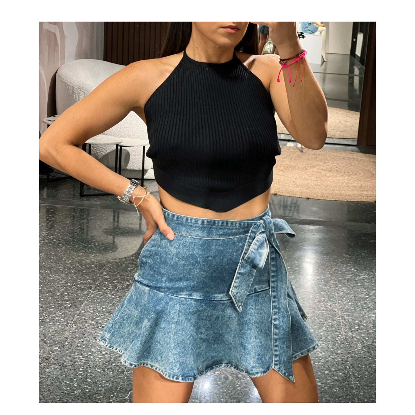 RIBBED KNIT HANDKERCHIEF HALTER CROP TOP