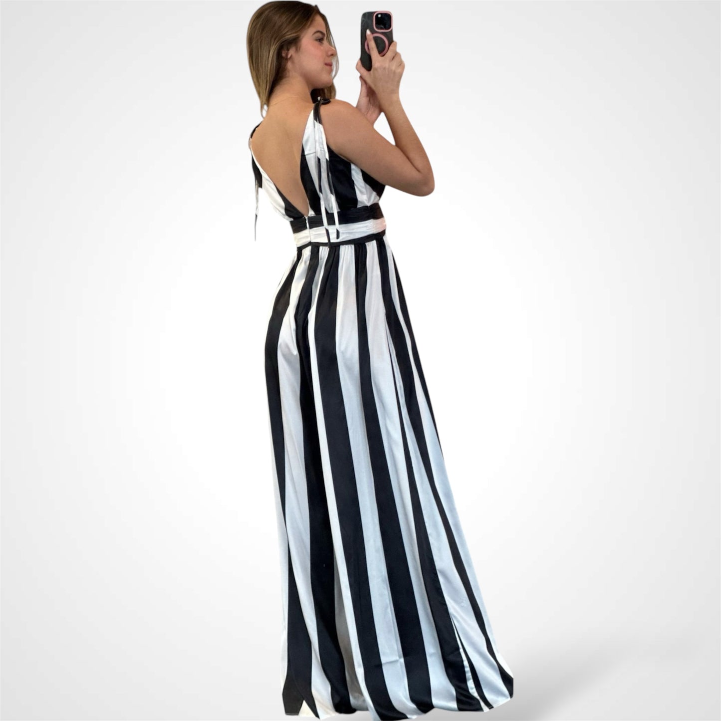 SATIN WIDE EVEN STRIPE WIDE LEG JUMPSUIT