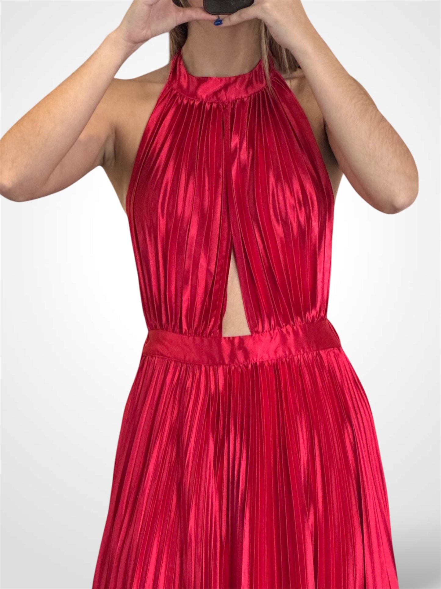 RED SATIN PLEATED HALTER DRESS