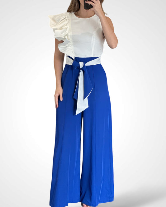 RUFFLED ONE SHOULDER W/WIDE LEG JUMPSUIT