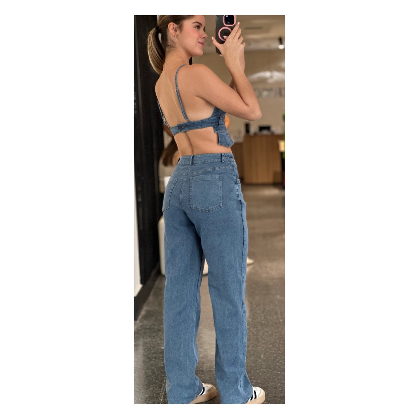 ASHLEY OPEN FRONT HALTER DENIM TOP & PANTS SET