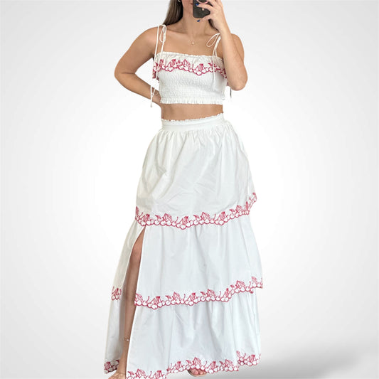 EMBROIDERY TIERED MAXI SKIRT & EMBROIDERY SMOCKED TOP SET