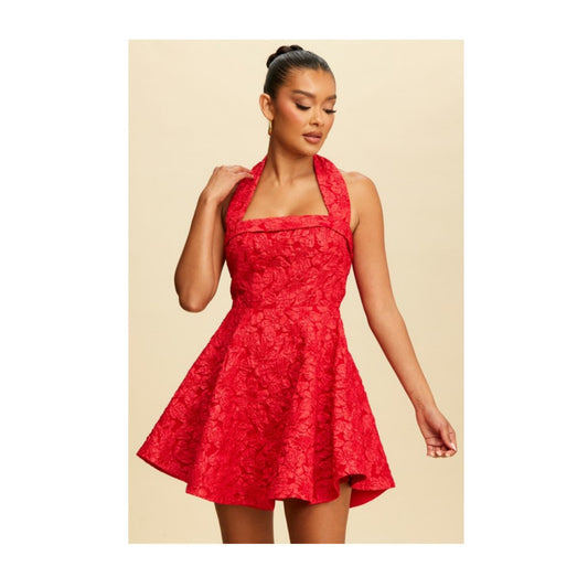 RED TEXTURED JACQUARD HALTER TIE DRESS