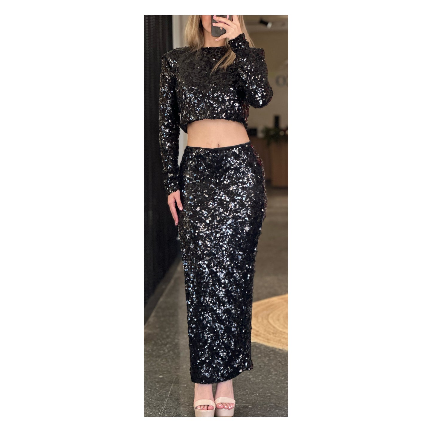 SEQUIN LONG SLEEVE CROP TOP AND MIDI SKIRT