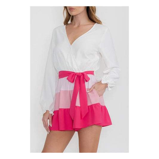 COLORBLOCK SELF TIE POCKET DETAIL TIERED ROMPER