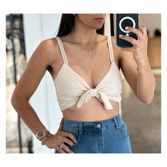 NATURAL LINEN RIBBON BRA TOP