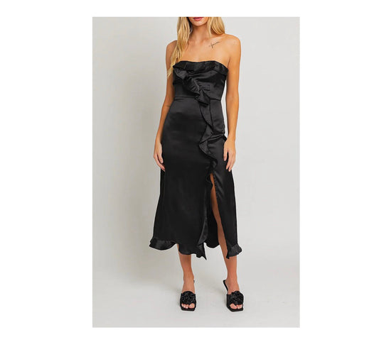 SATIN STRAPLESS RUFFLE FRONT SLIT MIDI DRESS