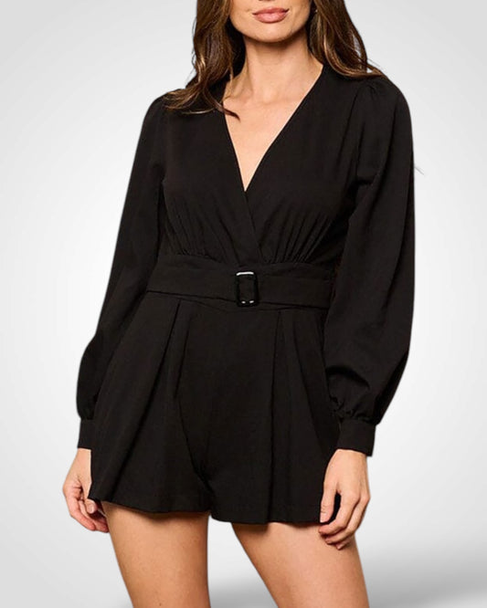 SOLID V NECK LONG SLEEVE BELTED ROMPER