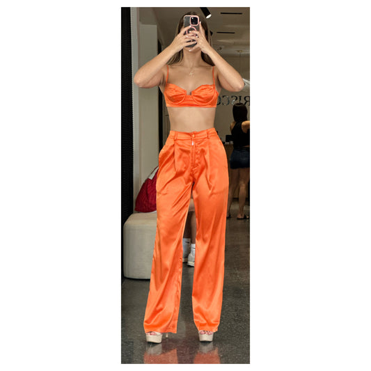 ORANGE BOSSY SATIN TWO PIECE CROP TOP FLARE PANT SET