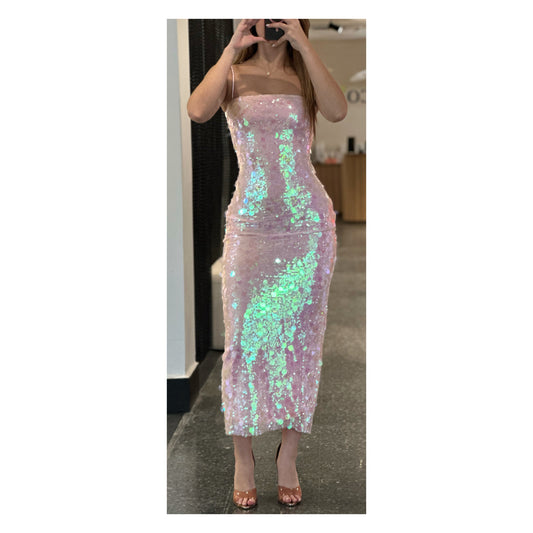 MIX SEQUINS SPAGHETTI STRAP BACK SLIT MIDI DRESS