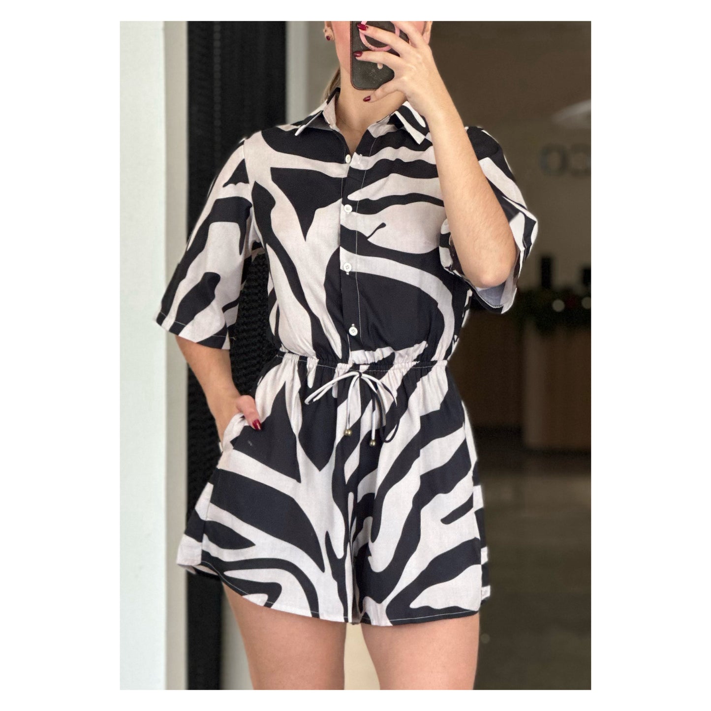 SHORT SLEEVE ZEBRA PRINT ROMPER