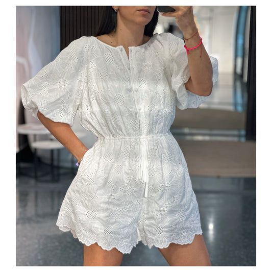 OFF WHITE EMBROIDERED PUFF SLEEVE ROMPER