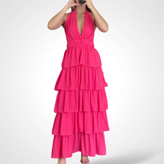 SLEEVELESS V-NECK OPEN BACK RUFFLE TIERED DRESS