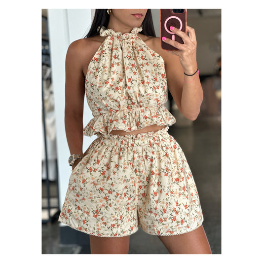 FLORAL HIGH HALTER NECK CROP TOP AND SHORTS SET