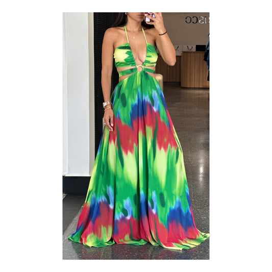 CHIFFON GREEN MULTI TIE DYE MAXI DRESS