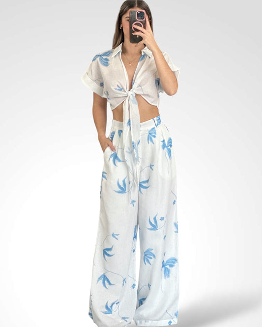 PRINTED FRONT TIE CROP TOP AND TROUSERS SET